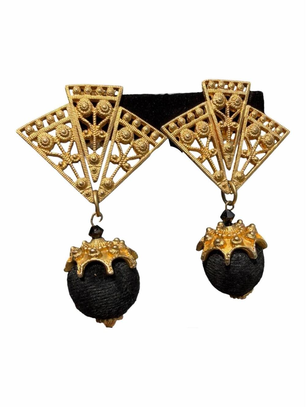 Marcy Feld Couture Clip Earrings – Sculptural Gold Filigree & Black Wrapped Orbs